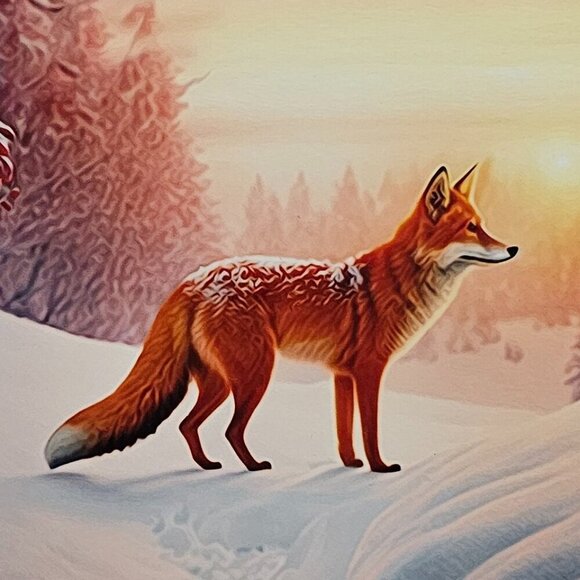 8x8 Framed Fox Winter Landscape Trees Watercolor Oil Painting Print - Picture 3 of 6